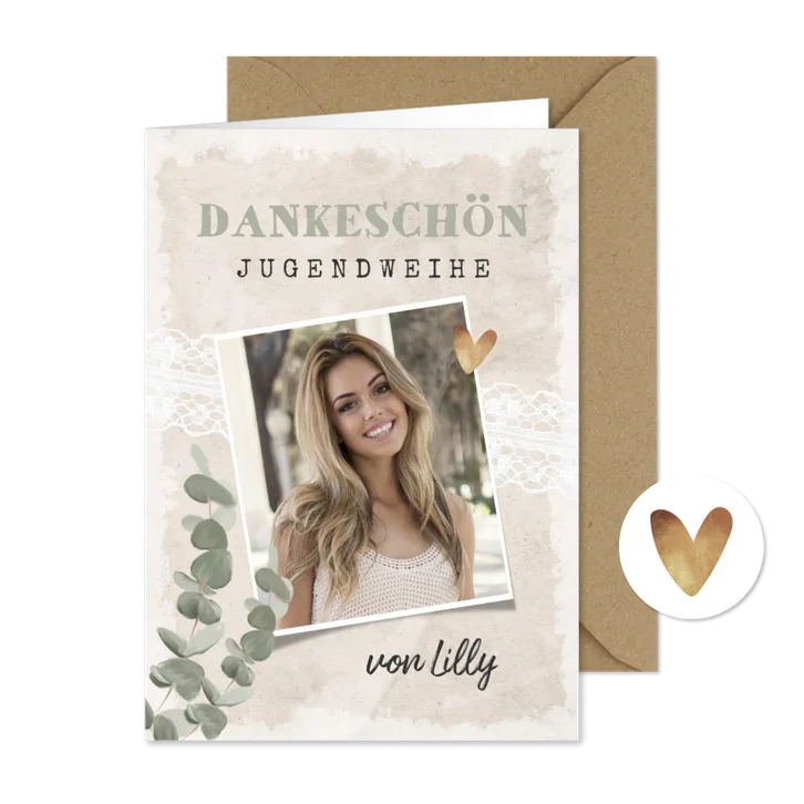 Danksagung zur Jugendweihe Foto, Eukalyptus & Spitze