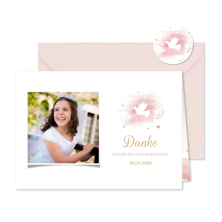 Danksagung zur Kommunion Wasserfarbe rosa Taube