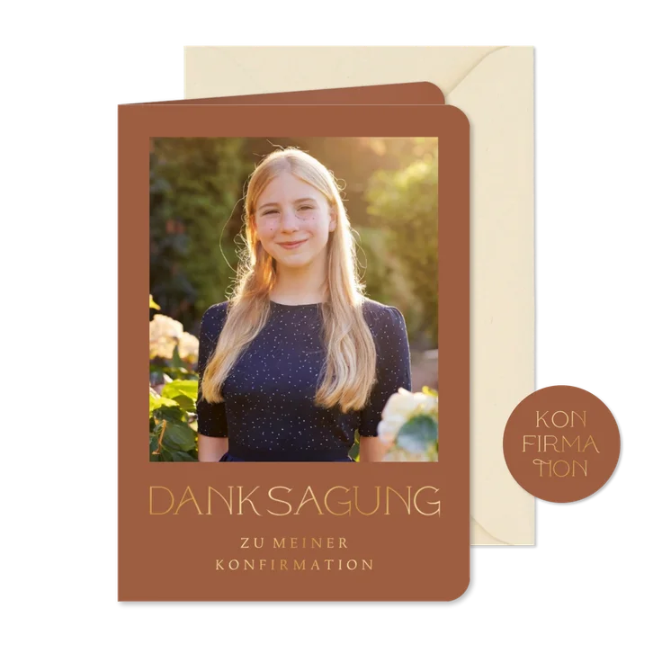 Danksagung zur Konfirmation Foto und goldene Schrift