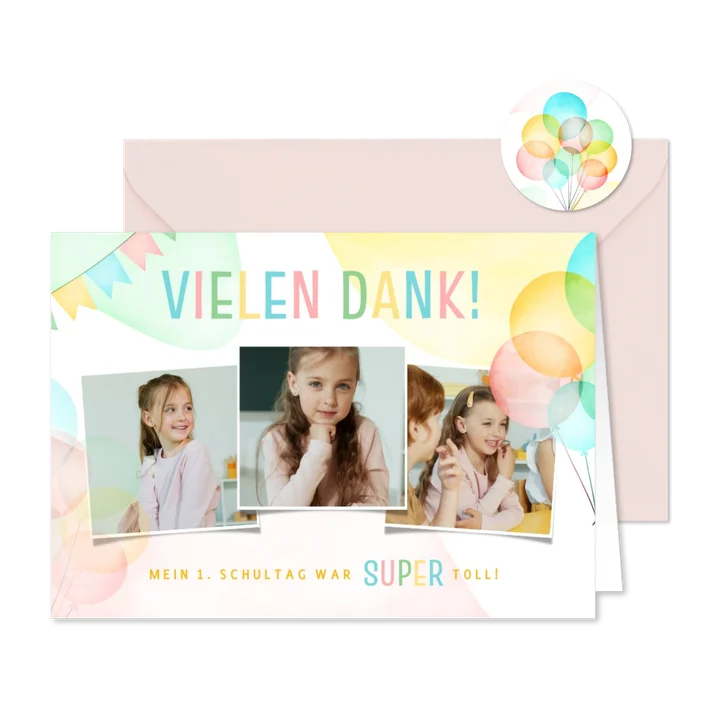 Danksagungskarte 1. Schultag Fotos & bunte Luftballons