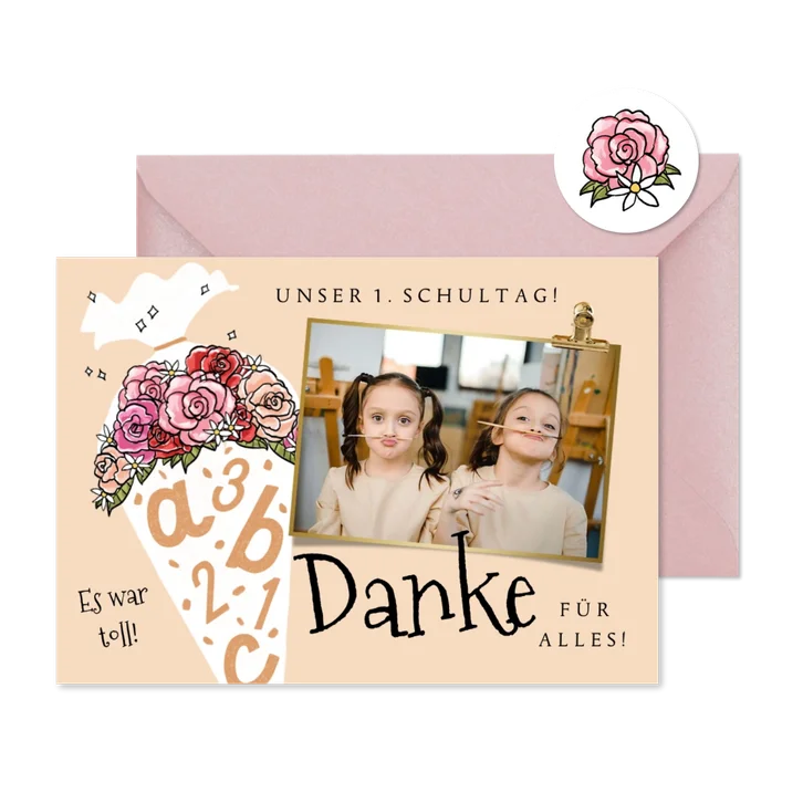 Danksagungskarte Einschulung Foto & blumige Schultüte