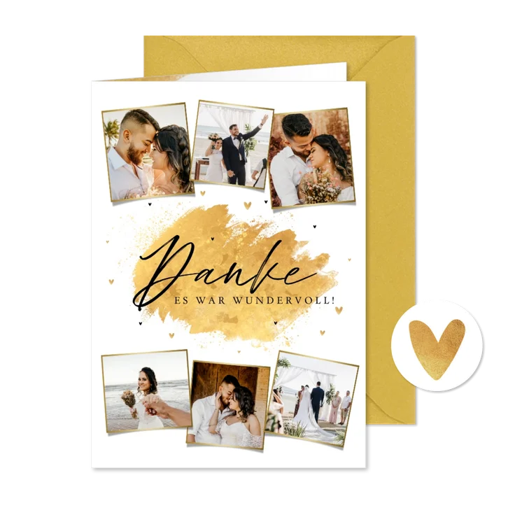 Danksagungskarte Hochzeit Fotocollage Goldlook