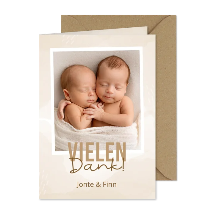 Dezente Fotokarte Zwillingsgeburt in Beige