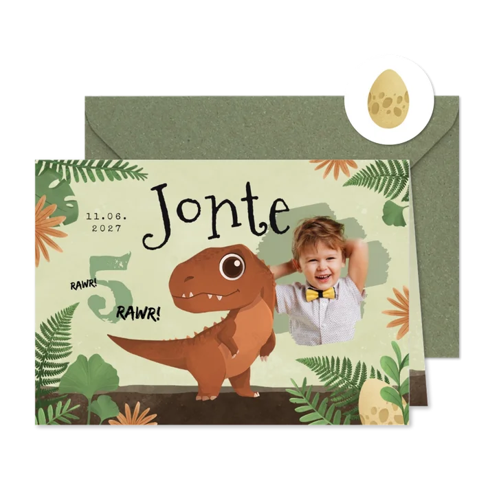 Dino-Einladungskarte zum 5. Kindergeburtstag