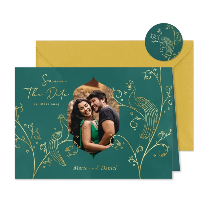 Edle Save-The-Date-Karte zwei Pfauen & Foto