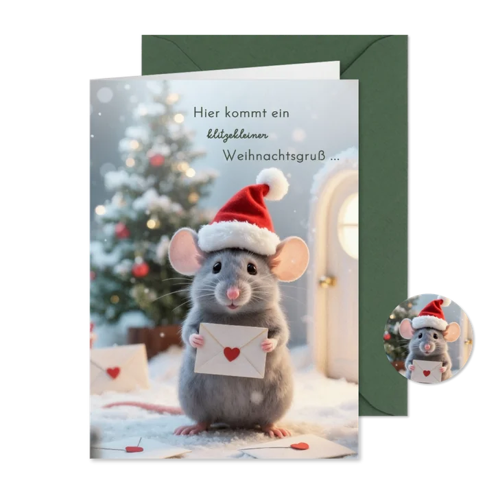 Ein klitzekleiner Weihnachtsgruß Maus mit Brief und Mütze