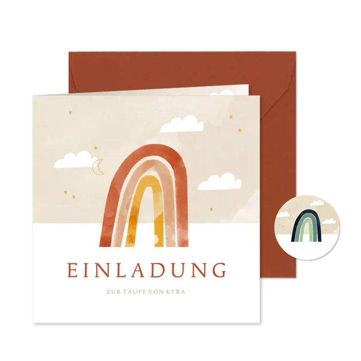 Einadungskarte zur Taufe orangener Regenbogen & Wolken