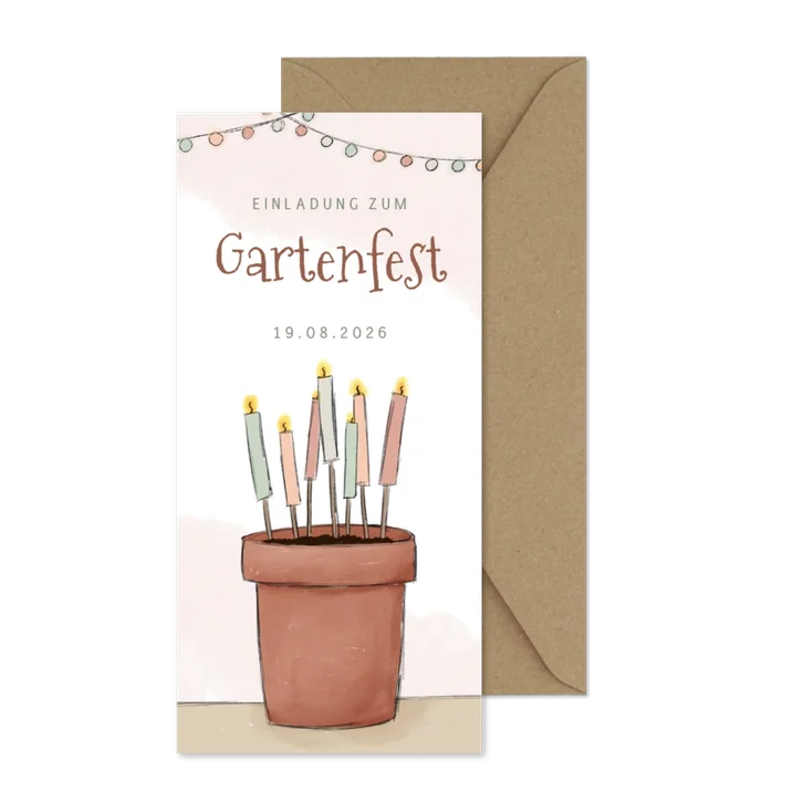 Einaldungskarte Gartenfest Blumentopf mit Fackeln