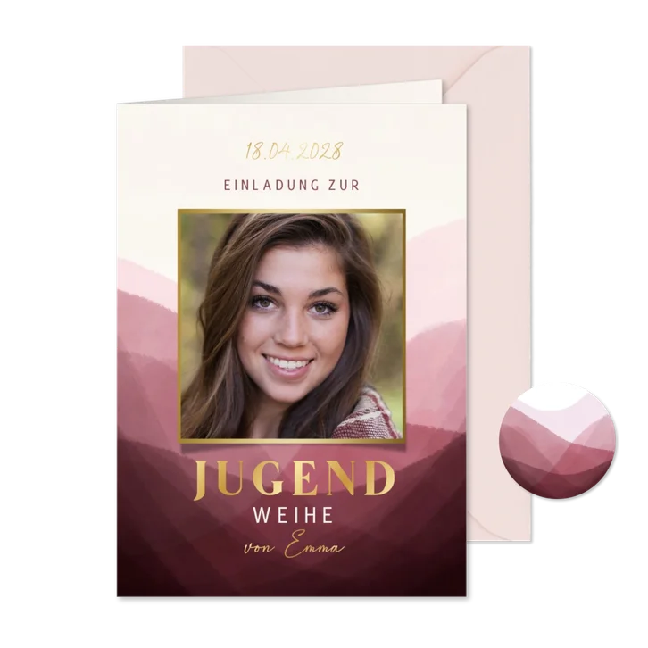 Einaldungskarte Jugendweihe dunkelrot, Foto & Gold