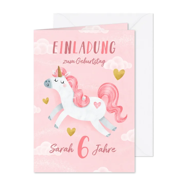Einhorn-Einladung zum 6. Kindergeburtstag Foto innen