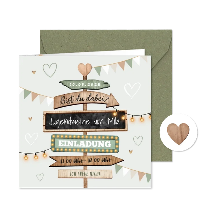 Einladugnskarte zur Jugendweihe Holzschilder