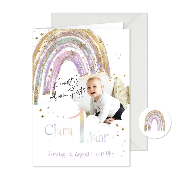 Einladung 1. Geburtstag Foto mit Regenbogen