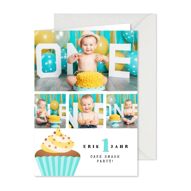 Einladung 1. Geburtstag Fotos & Cupcake blau
