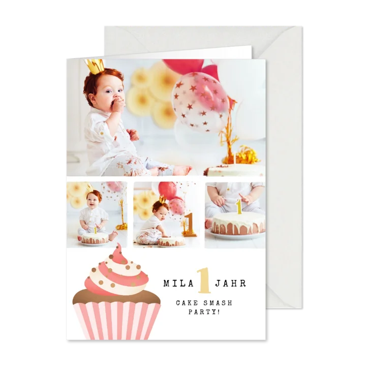 Einladung 1. Geburtstag Fotos & Cupcake rosa