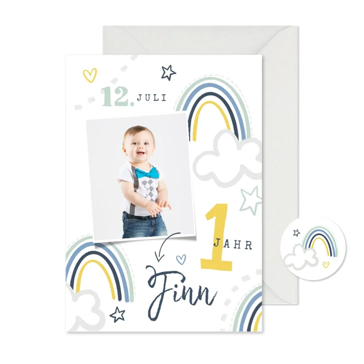 Einladung 1. Geburtstag Junge eigenes Foto & Regenbogen 