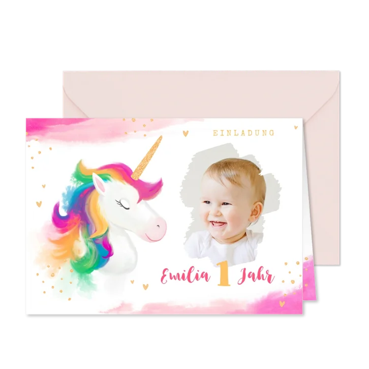 Einladung 1. Kindergeburtstag gezeichnetes Einhorn