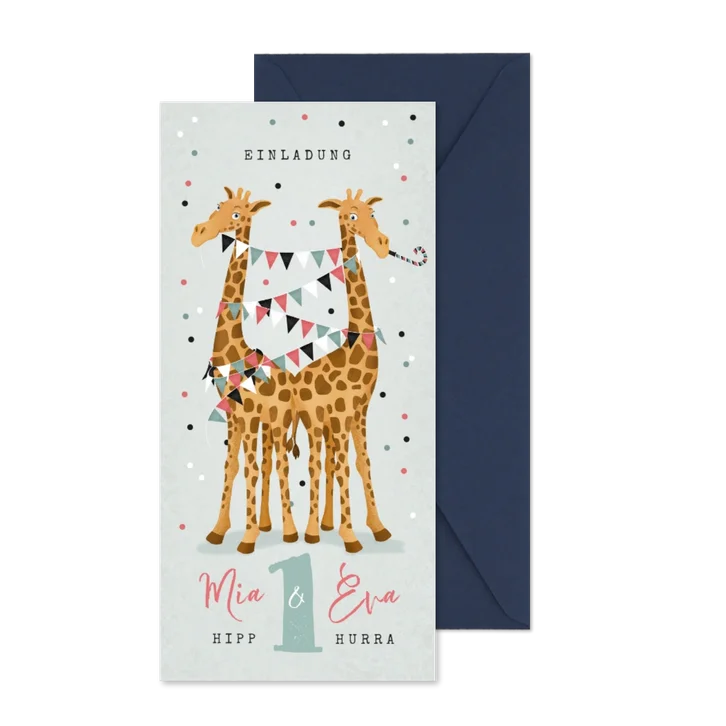 Einladung 1. Kindergeburtstag Zwilling lustige Giraffen
