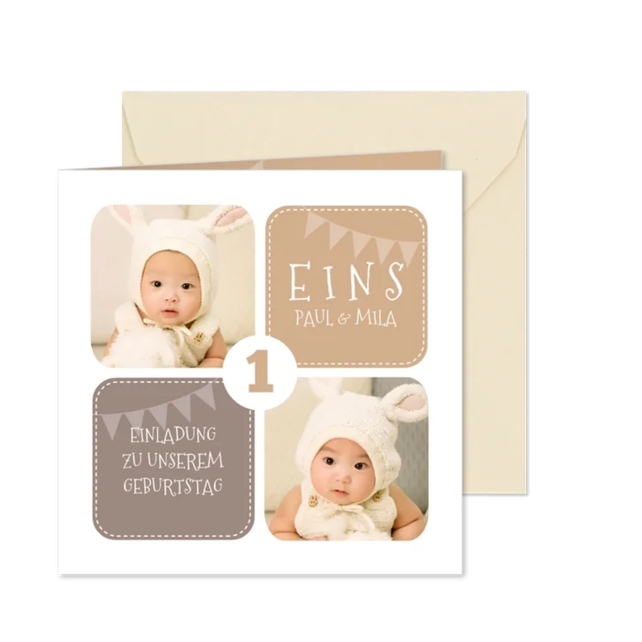 Einladung 1. Kindergeburtstag Zwillinge braun mit Fotos
