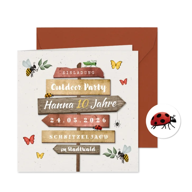 Einladung 10. Kindergeburtstag braun Outdoor Insekten