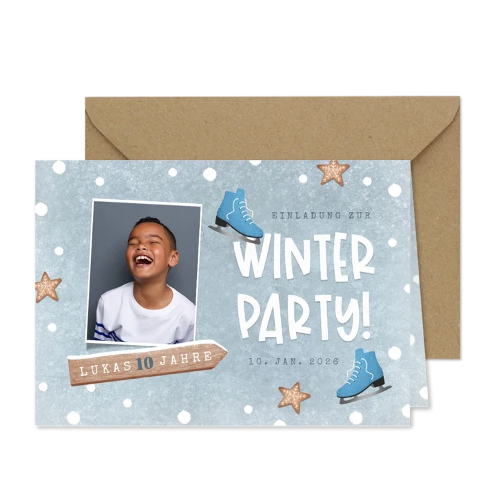 Einladung 10. Kindergeburtstag Junge Winterparty Foto