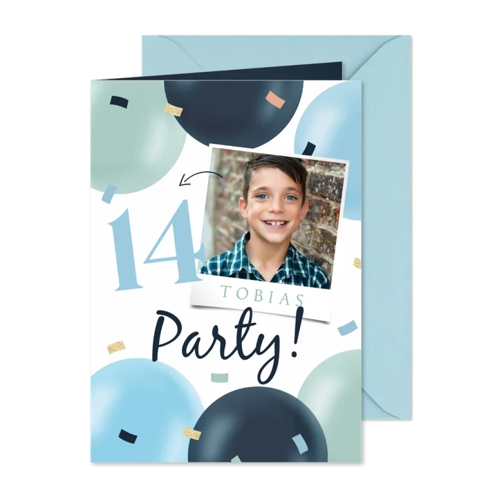Einladung 14. Geburtstagsparty Foto und blaue Luftballons