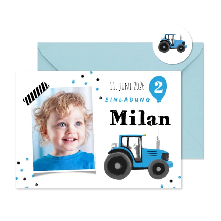 Einladung 2. Kindergeburtstag blauer Traktor und Foto