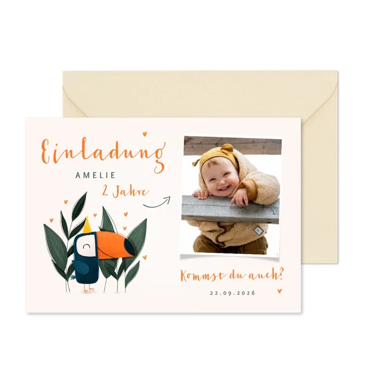 Einladung 2. Kindergeburtstag niedlicher Tukan & Foto