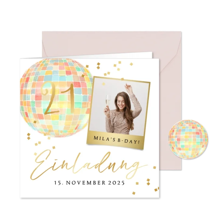 Einladung 21. Geburtstag Discokugel Goldkonfetti mit Foto