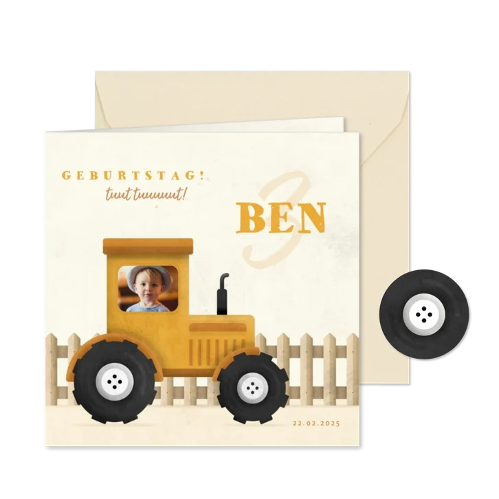 Einladung 3. Kindergeburtstag mit Foto im Traktor