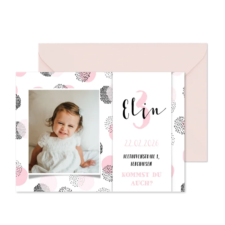 Einladung 3. Kindergeburtstag mit Konfetti und Foto