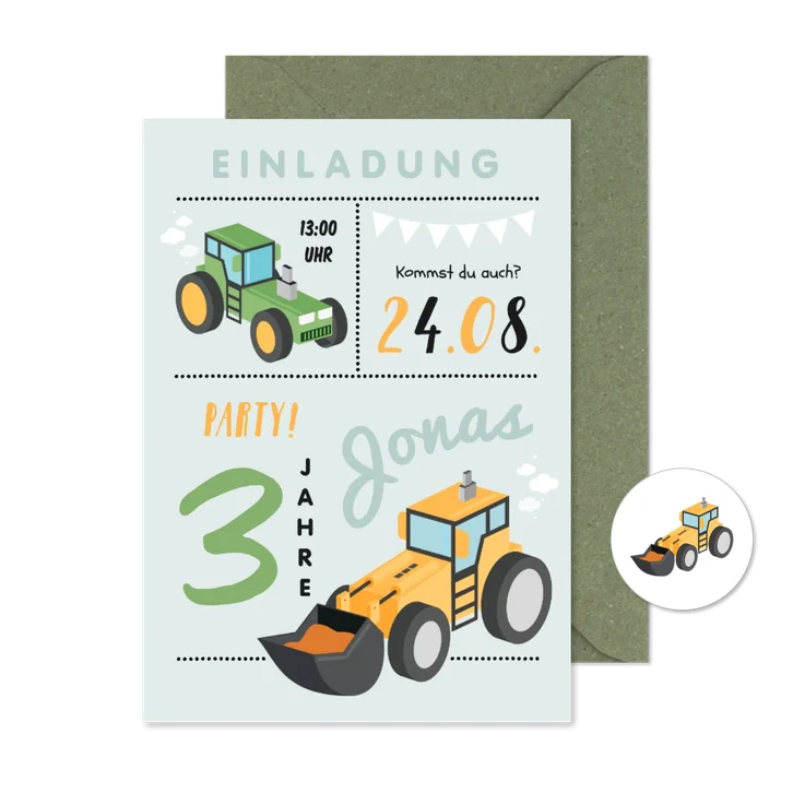 Einladung 3. Kindergeburtstag Traktor, Bagger und Foto innen