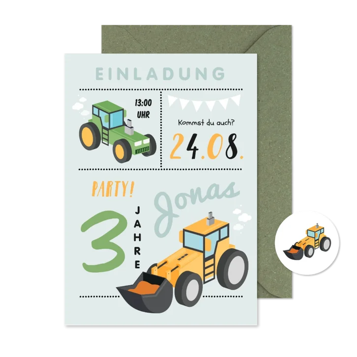 Einladung 3. Kindergeburtstag Traktor, Bagger und Foto innen