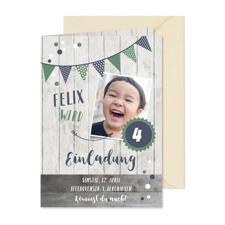 Einladung 4. Kindergeburtstag Blue & Green