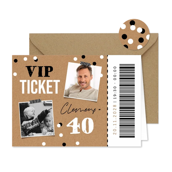 Einladung 40. Geburtstag VIP-Ticket mit Fotos