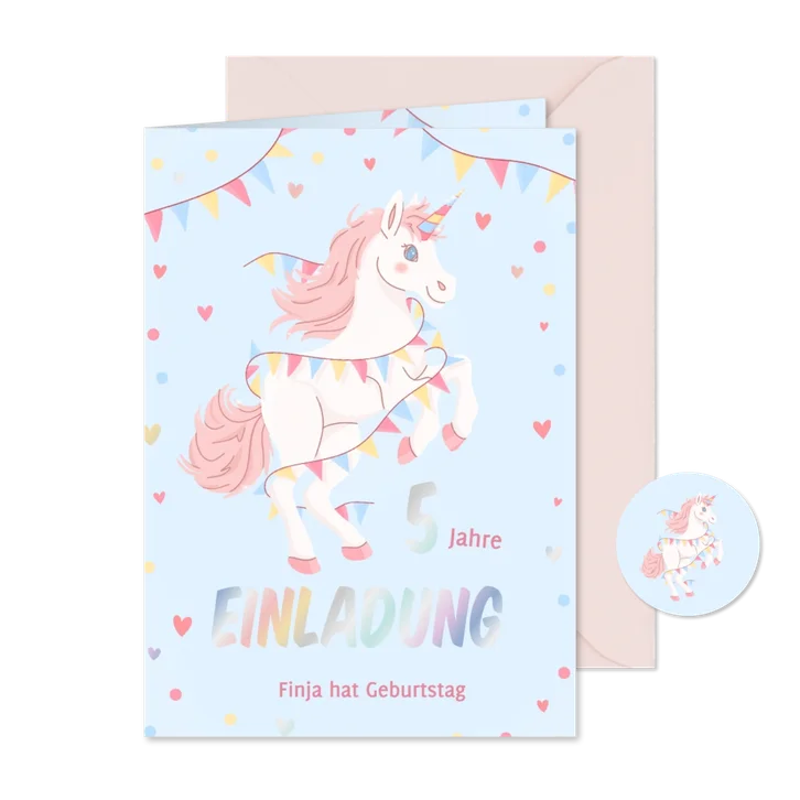 Einladung 5. Kindergeburtstag Einhorn mit Girlande