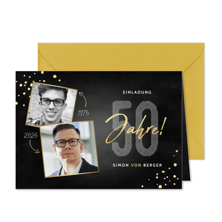 Einladung 50. Geburtstag mit Konfetti & zwei Fotos