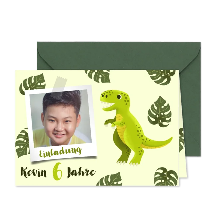 Einladung 6. Kindergeburtstag Dinosaurier, Foto und Blätter