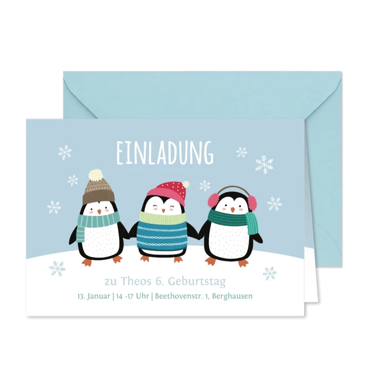 Einladung 6. Kindergeburtstag Party-Pinguine blau
