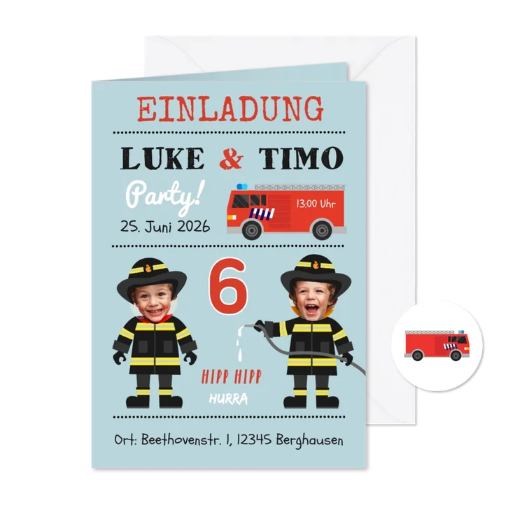 Einladung 6. Kindergeburtstag Zwilling Feuerwehr