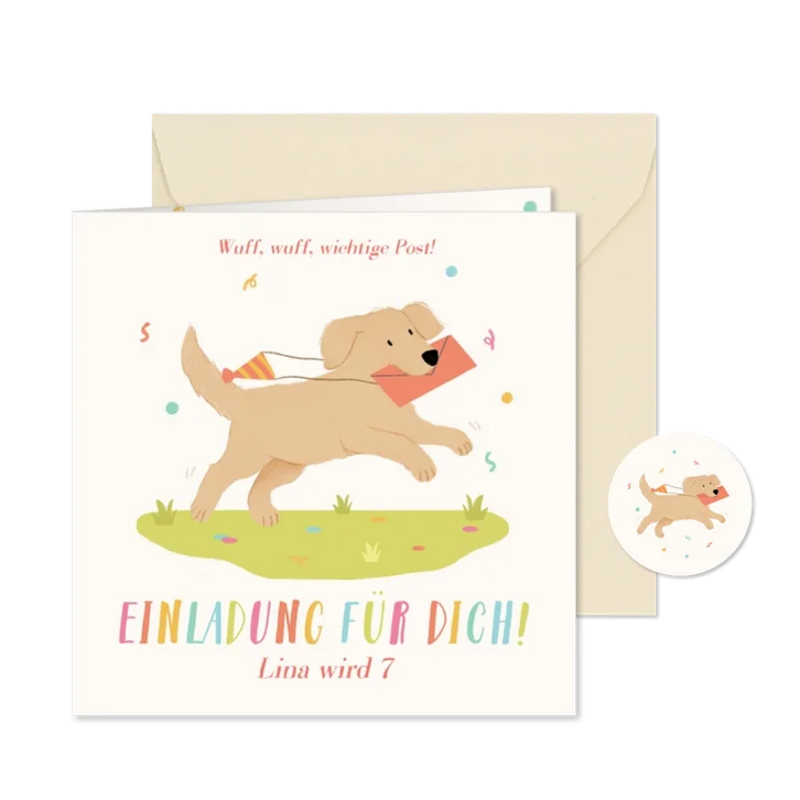 Einladung 7. Kindergeburtstag Hund mit Brief