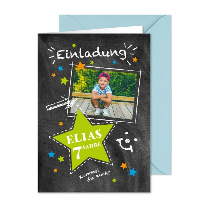 Einladung 7. Kindergeburtstag Kreidelook Foto grün