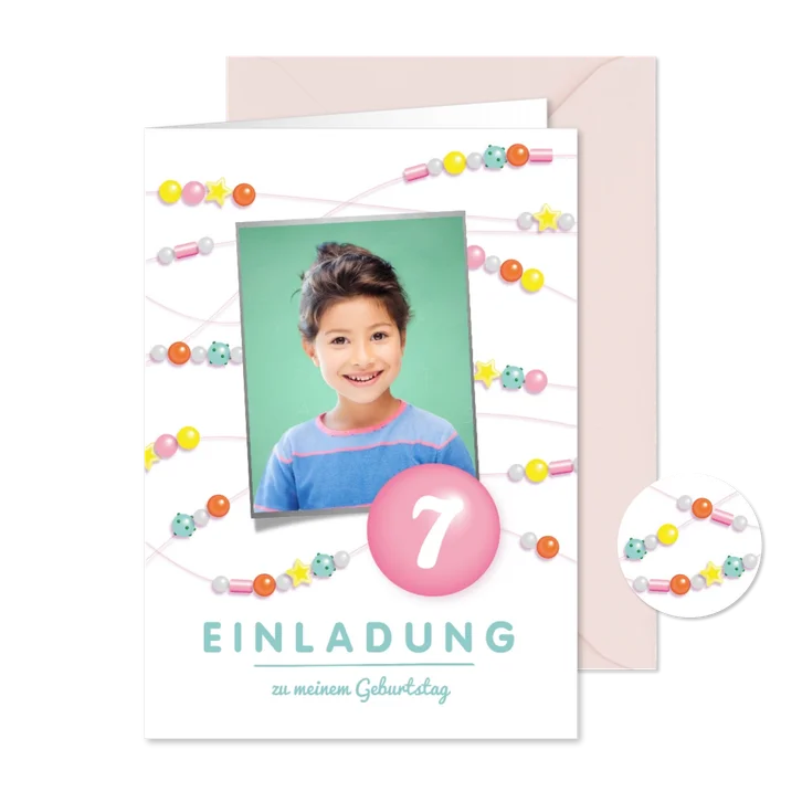 Einladung 7. Kindergeburtstag mit Perlen basteln