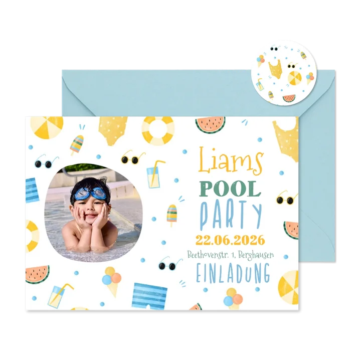 Einladung 7. Kindergeburtstag Pool Party Junge rundes Foto