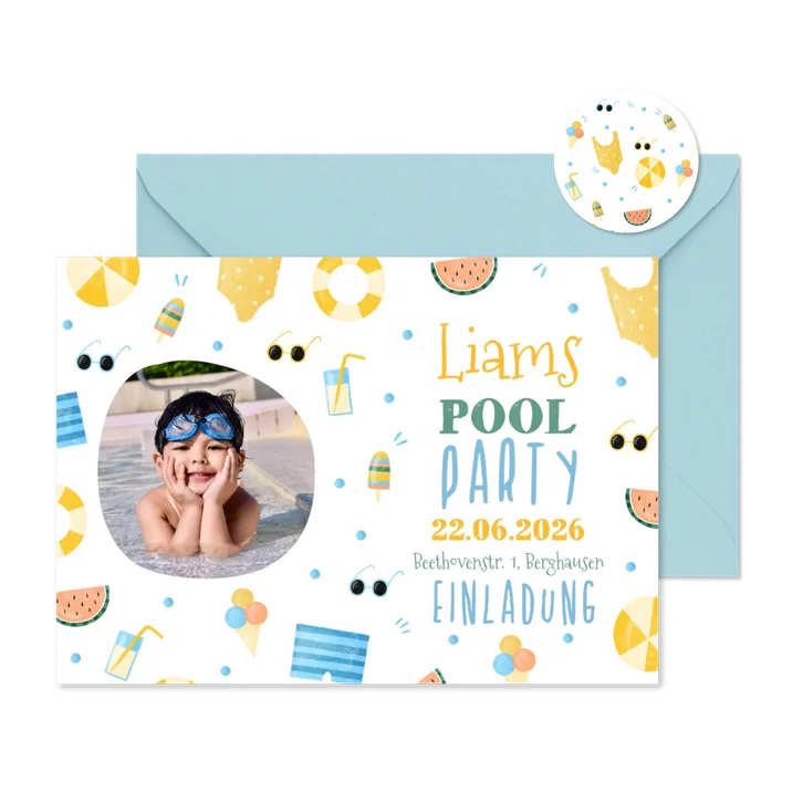 Einladung 7. Kindergeburtstag Pool Party Junge rundes Foto