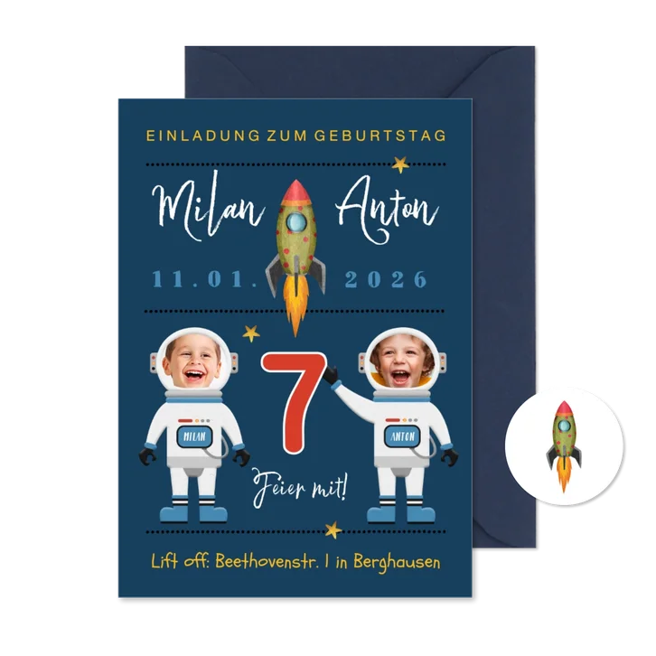 Einladung 7. Kindergeburtstag Zwilling Astronauten