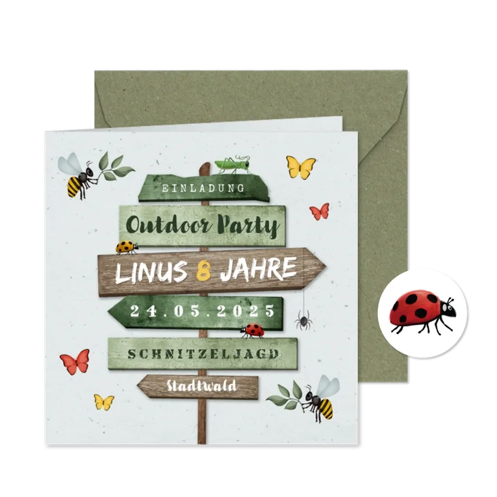 Einladung 8. Kindergeburtstag grün Outdoor Insekten