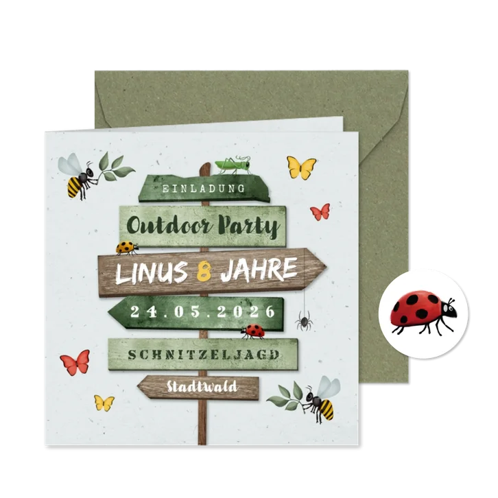 Einladung 8. Kindergeburtstag grün Outdoor Insekten