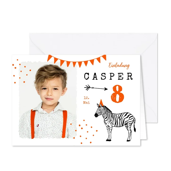 Einladung 8. Kindergeburtstag mit Foto und Zebra