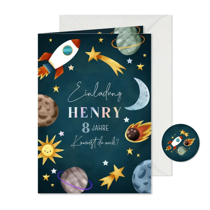 Einladung 8. Kindergeburtstag Rakete, Sterne & Planeten