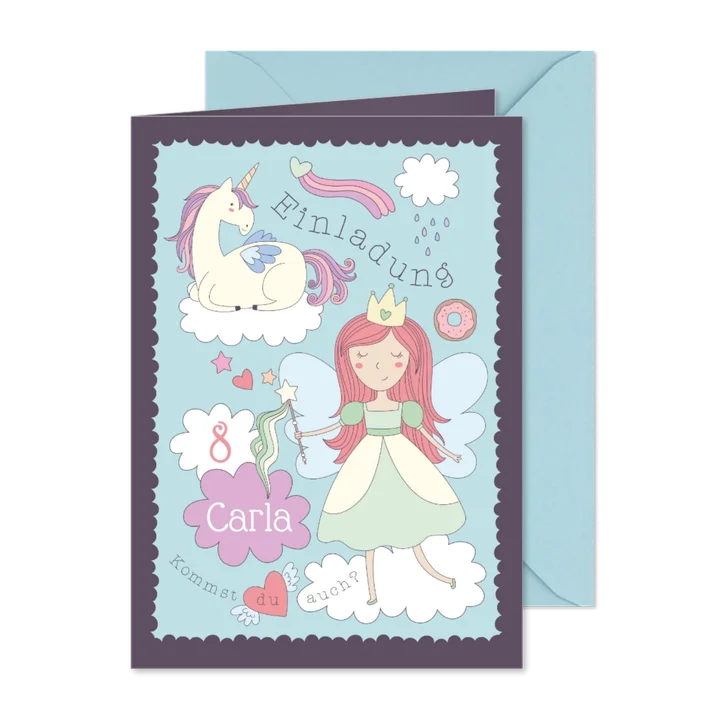 Einladung 8. Kindergeburtstag Wolkenprinzessin mit Einhorn